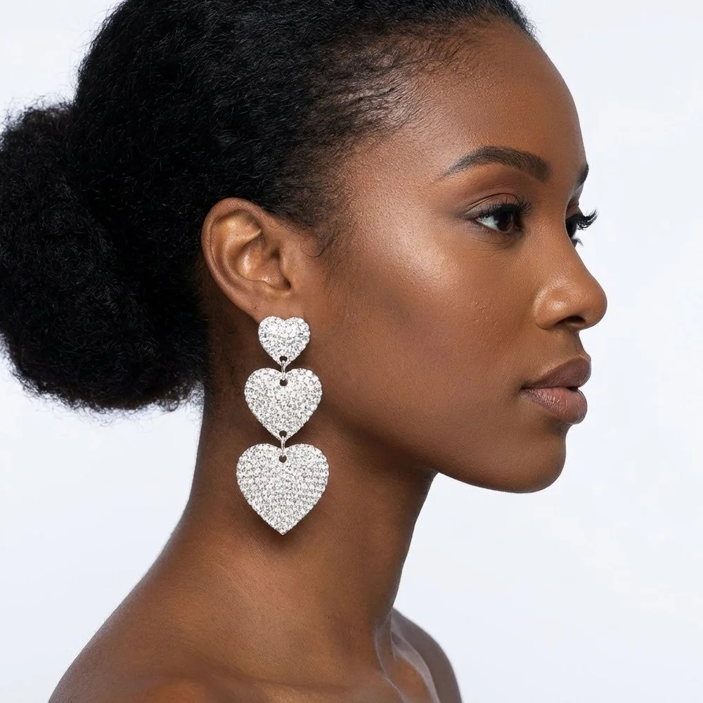Dangle Silver Rhinestone Triple Heart Earrings